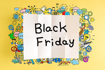 Black Friday text with colorful illustrations on a yellow background
