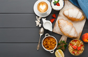 Traditional french breakfast background copy space