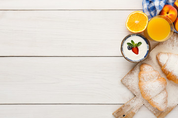 Traditional french breakfast background copy space