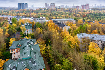 Fototapeta na wymiar Aerial view of Moscow, Russia in autumn. Shot in October