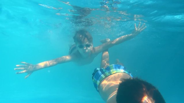 Underwater view, Two boys swimming in pool.