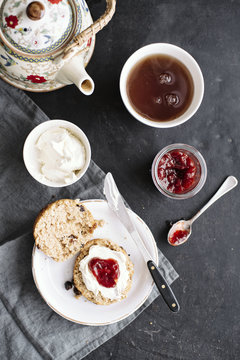 Food: Wholemeal scone tea time with clotted cream and strawberry jam