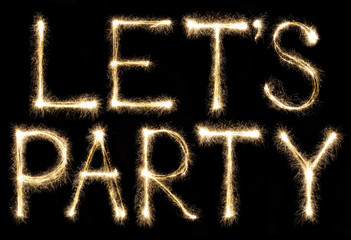 Sparkle firework written text let's party on black background