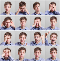 Fototapeta premium Set of sixteen pictures of young man with different gestures and emotions