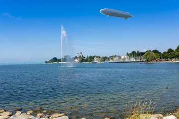 Zeppelin, waterfountain and castle church in Friedrichshafen at Lake Constance - Friedrichshafen, Lake Constance, Baden-Wuerttemberg, Germany, Europe © karlo54
