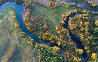 Top view of river and nature in autumn