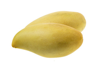 ripe mango fruit with bamboo basket isolated on white background with clipping path