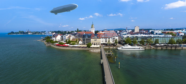 View from the mole tower over Friedrichshafen at Lake Constance with Zeppelin - Friedrichshafen, Lake Constance, Baden-Wuerttemberg, Germany, Europe
