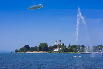 Zeppelin, waterfountain and castle church in Friedrichshafen at Lake Constance - Friedrichshafen, Lake Constance, Baden-Wuerttemberg, Germany, Europe © karlo54