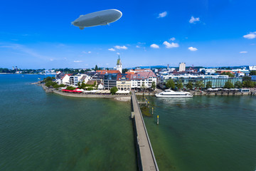 View from the mole tower over Friedrichshafen at Lake Constance with Zeppelin - Friedrichshafen,...