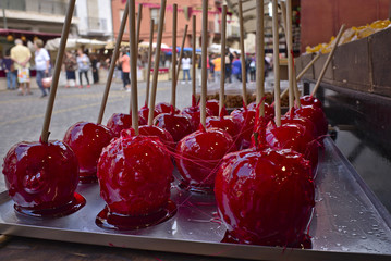 Apples covered with caramel.