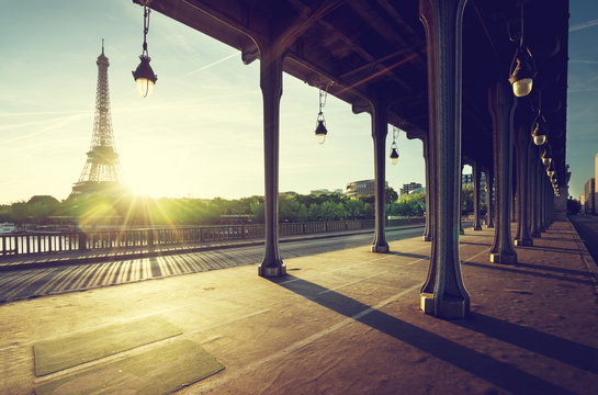 Eiffel Tower from Bir-Hakeim metal bridge in the morning, Paris, France