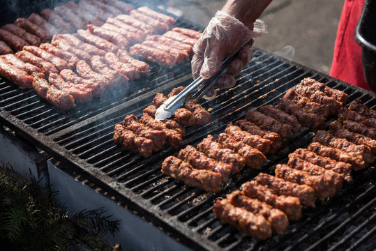 Traditional Romanian food, barbecue with grilled meat rolls
