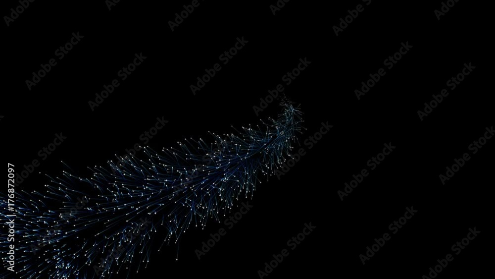 Poster motion of blue particles along the diagonal with a loop in the center path exploding, isolated on bl