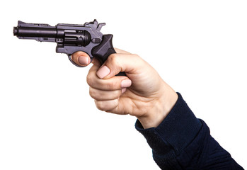 female hand with a toy gun. Isolated on white background