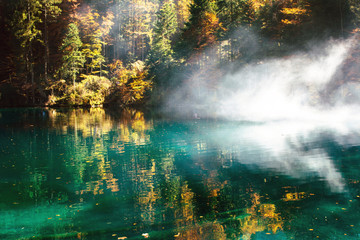 Autumn time at forest lake blausee.