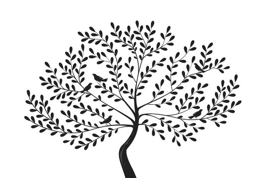 Decorative tree with birds on branches. Silhouette vector illustration