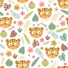 Seamless pattern with cute leopard