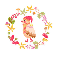 Cute bird with floral wreath