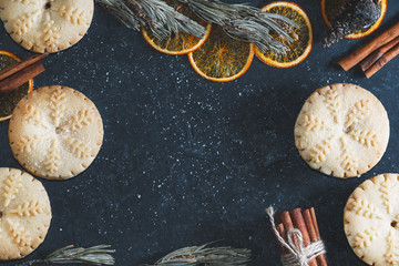 Top view of mince pies. Concept of Christmas baking. Copy space.