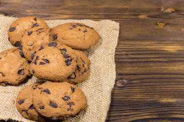 Chocolate chip cookies on wooden table