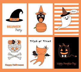 Set of hand drawn templates for Halloween greeting cards, invitations, posters, in orange, black and white, with cute cartoon characters and text.