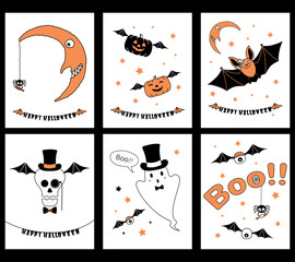 Fototapeta na wymiar Set of hand drawn templates for Halloween greeting cards, invitations, posters, in orange, black and white, with cute cartoon characters and text.