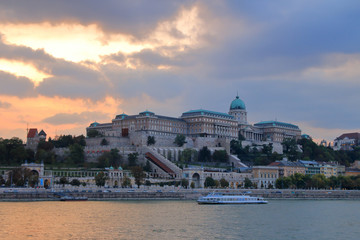 Buda Castle at sunset, on a cloudy day.