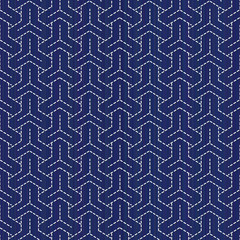 Classic japanese quilling. Bishamon-Kikko Sashiko motif. Seamless pattern. Abstract backdrop. Geometric background. Needlework texture. Pattern fills. For decoration or printing on fabric.