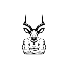 Vector fitness body with antelope head, face  for retro logos, emblems, badges, labels template and t-shirt vintage design element. Isolated on white background