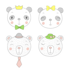 Hand drawn vector portraits of a funny pandas and bears girls and boys in hats.