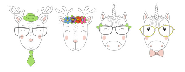 Hand drawn vector portraits of a funny reindeers and unicorns girls and boys in glasses.