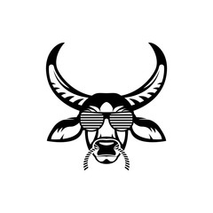 Vector asiatic buffalo head, face  for retro hipster logos, emblems, badges, labels template and t-shirt vintage design element. Isolated on white background