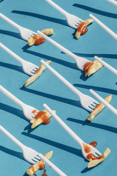 composition, unhealthy food, french fries, ketchup, forks