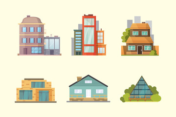 Set of different styles residential houses. City architecture retro and modern buildings. House front cartoon vector illustrations