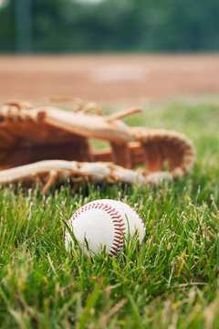 Close-up of baseball in grass near mitt