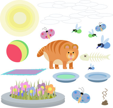 abstract illustration of  red cat with toys on a white background