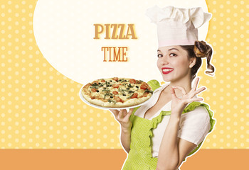 Woman chef holding pizza on retro background