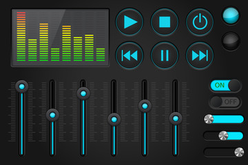 Sound control panel. Equalizer, set of media player buttons, sliders © savanno