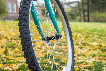 Fototapeta na wymiar Close up of a front wheel of a bicycle with beautiful fall foliage