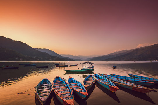 the boats in the phewa lake at sunset,Pokhara
