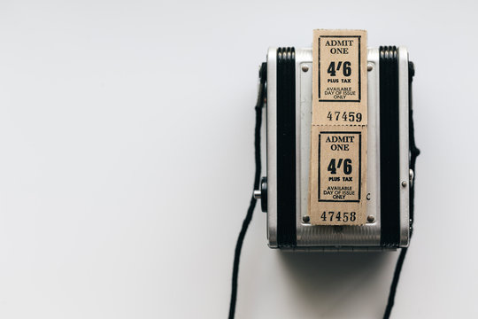 Vintage tickets and camera with copyspace