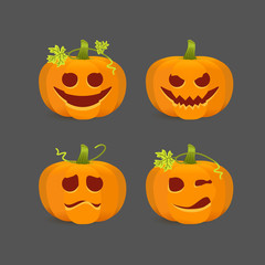 Orange halloween pumpkins with carved emotional faces and leaves. Vector illustration. Eps8. Design icons, stickers, emoji.