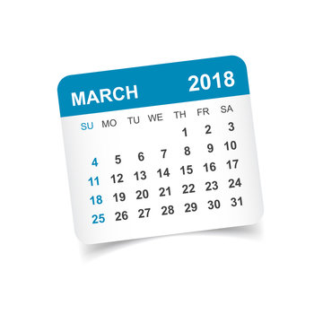 March 2018 calendar. Calendar sticker design template. Week starts on Sunday. Business vector illustration.