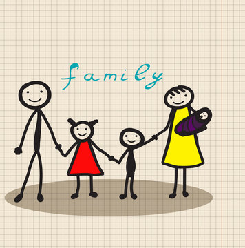 Stick Figure   family in house, vector