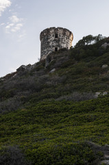 Fototapeta na wymiar Corsica, 01/09/2017: tramonto sulla Torre della Parata, la torre genovese costruita nel 1608 con vista sulle Isole Sanguinarie