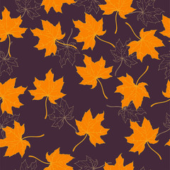Seamless pattern with yellow fall leaves on deep violet background. Hand drawn vector illustration.
