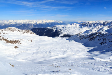 Mountain panorama with snow and ski tracks in winter in Stubai Alps, Austria