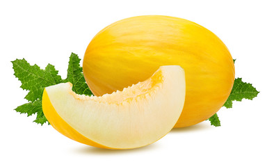 Fresh melon with leafs  isolated on white background with clipping path