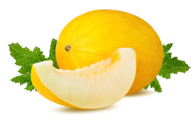 Fresh melon with leafs  isolated on white background with clipping path